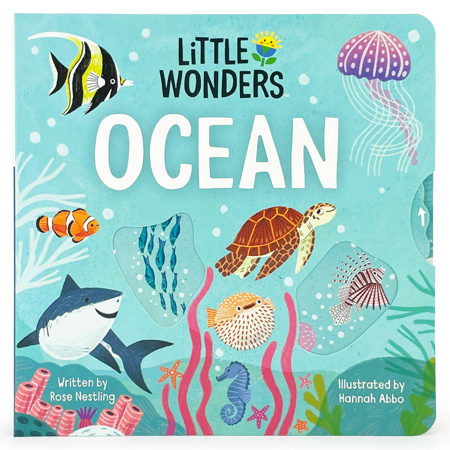 Book cover of 'Little Wonders Ocean' with illustrations of sea creatures on a blue background.