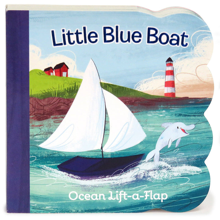Book cover of 'Little Blue Boat' with a sailboat and dolphin on a blue background
