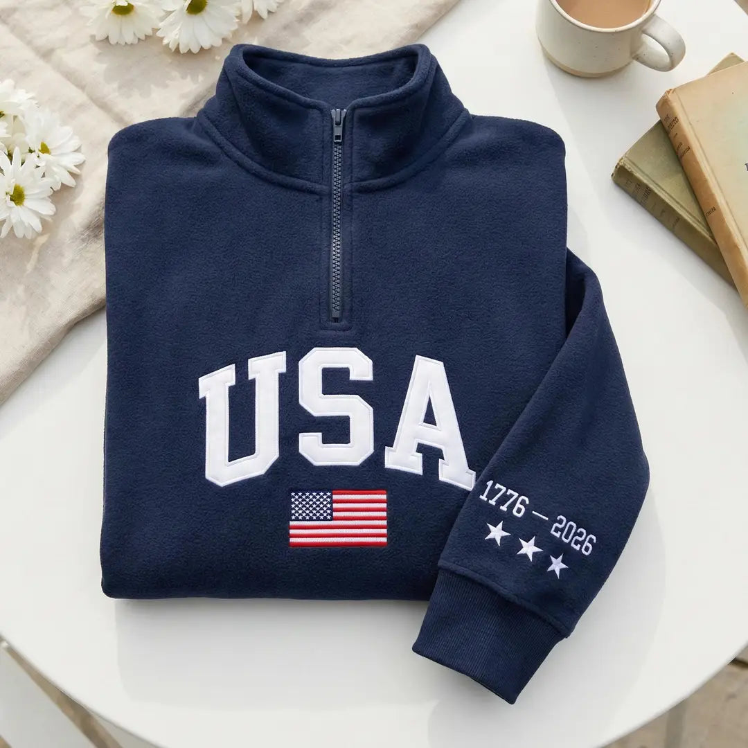 Embroidered USA Quarter Zip Sweatshirt, Retro USA With Flag Sweatshirt, Semiquincentennial  USA Pride Sweater