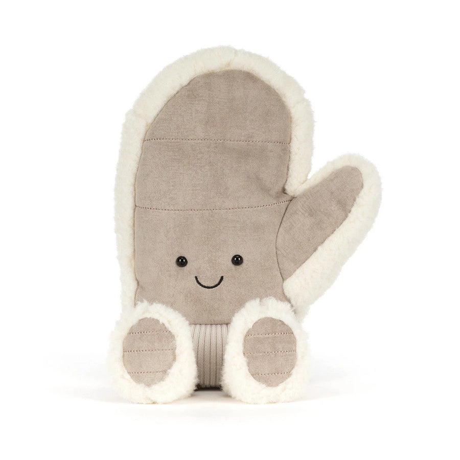 A plush mitten toy in taupe with cream faux fur trim, featuring a simple embroidered smiley face and ribbed taupe feet, shown on a white background.