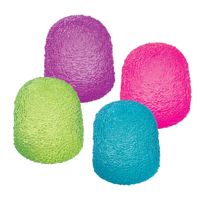Four colorful foam tips in purple, pink, green, and blue on a white background