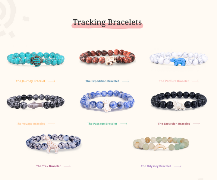 A collection of Fahlo tracking bracelets displayed against a white background, featuring various designs with colored beads and charm pendants representing different animals.