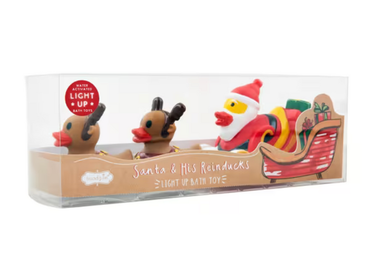 A boxed bath toy set featuring Santa Claus and two rein ducks inside a clear plastic package with printed front labeling that reads 'Santa & His Reinducks' and 'Light Up Bath Toy.'.