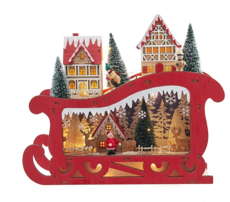 Wooden Sled with Santa and Christmas Village Scene 13.8"