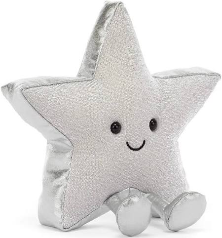 A silver glittery star-shaped plush toy with a smiling face and small feet, photographed on a clean white background.
