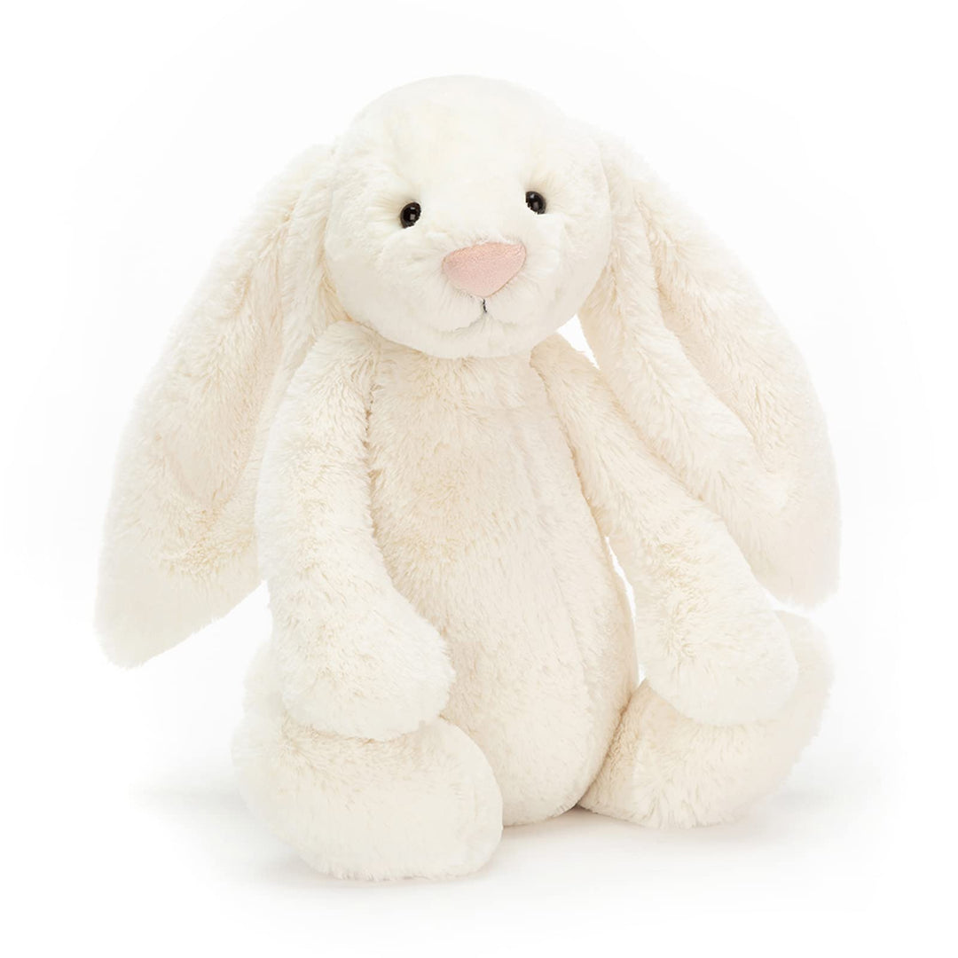 White plush bunny toy with a pink nose on a white background