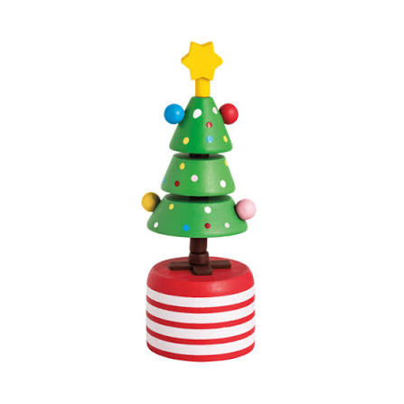 A wooden Christmas tree toy with stacked green triangular tiers, colorful polka dots, a yellow star topper, and a red-and-white striped base on a plain white background.