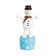 Wooden snowman figurine on a blue base with white snowflake patterns