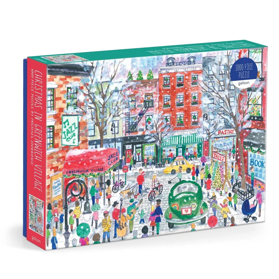 A 1000-piece jigsaw puzzle box titled 'Christmas in Greenwich Village' by Asolo Puzzles. The box features a colorful, detailed illustration of a snowy Greenwich Village street scene with people, red brick buildings, a green cab, and holiday decorations.