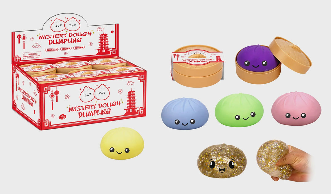 Mystery dough dumpling set with colorful dumplings and packaging on a white background