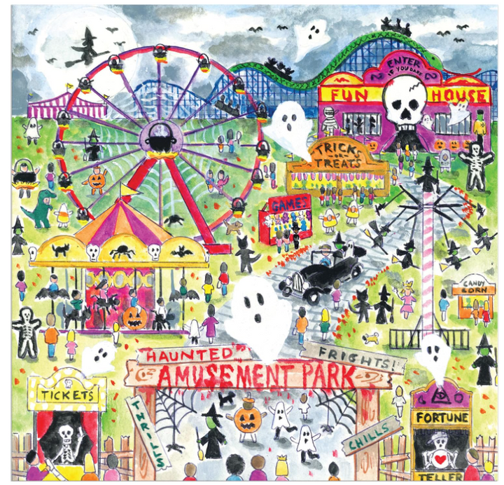 A colorful illustrated scene of a haunted amusement park with a Ferris wheel, roller coaster, carnival tents, ghosts, skeletons, haunted houses, and Halloween-themed signs. The artwork is highly detailed and festive, with no visible real-world product packaging or model.